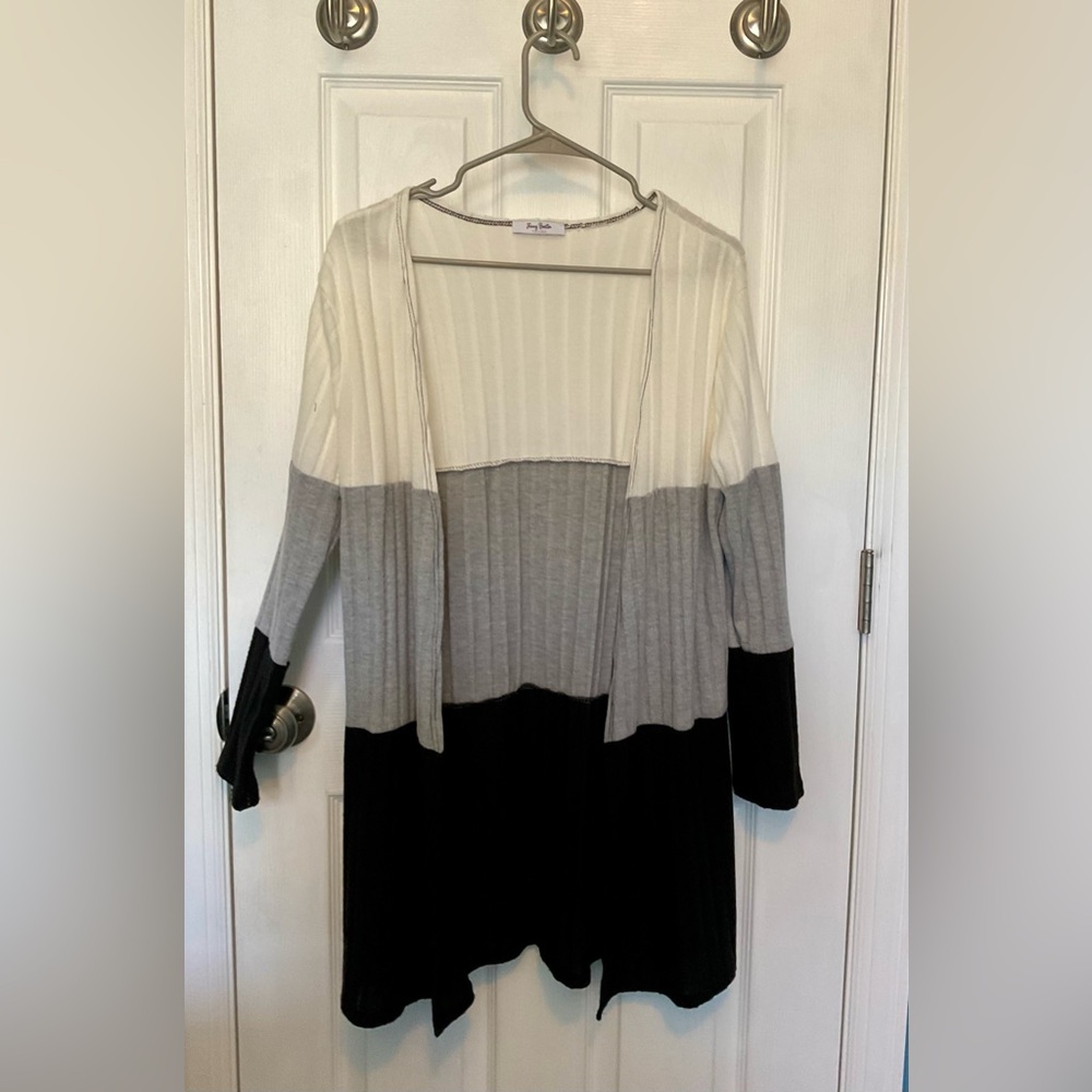 JENNY BOSTON Open Front Cardigan - Off White/Gray/Black - (M)